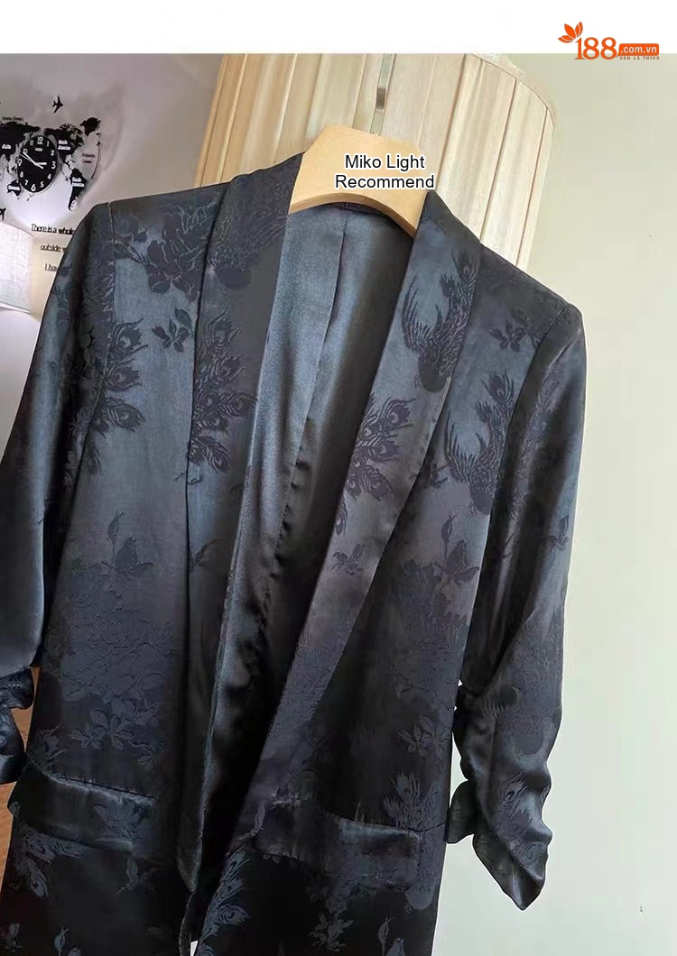 Set Bộ Vest Nữ Quần Dài Áo Blazer Tay Lỡ Chất Vải Gấm Hoa Văn Sang Trọng Màu Đen chi tiết 11