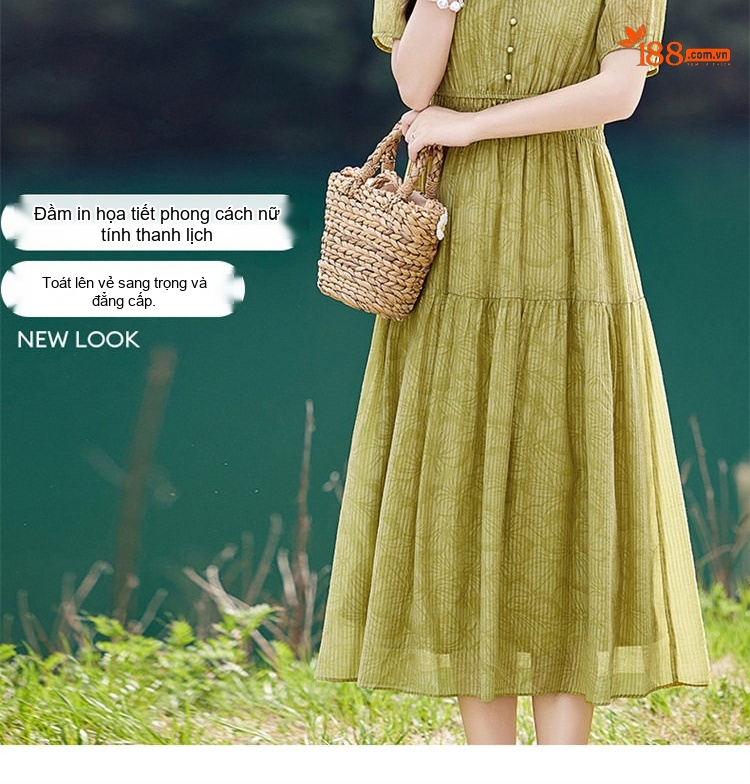 Váy Midi Nữ Tay Ngắn Thiết Kế Thanh Lịch Thoáng Mát Màu Be, Xanh Lá chi tiết 2