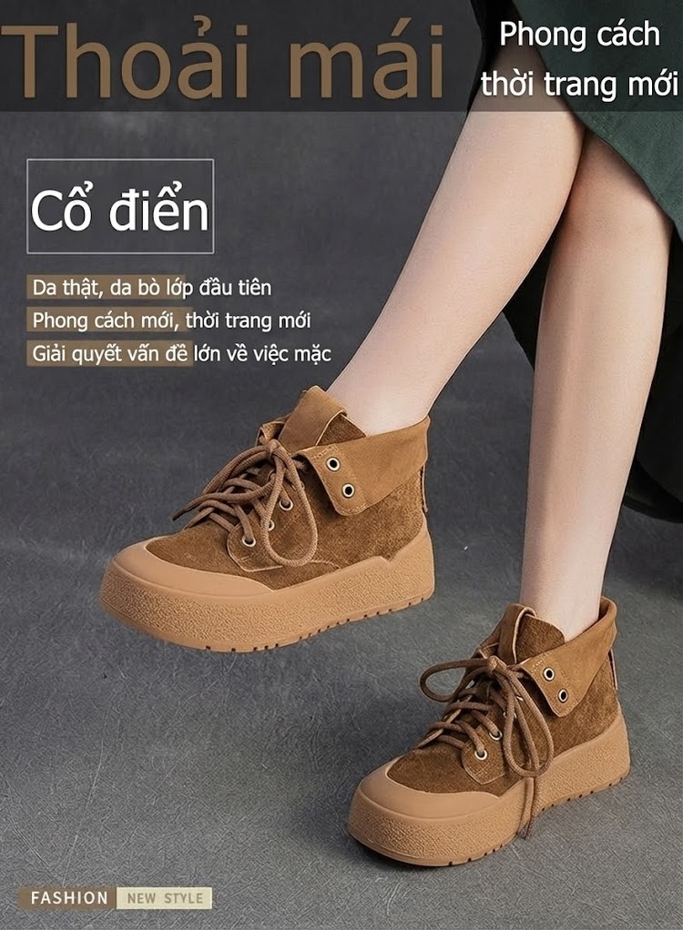 Boot Nữ Da Bò Cổ Lật Kiểu Anh Quốc Chiều Cao Đế Khoảng 4cm Màu Nâu chi tiết 1