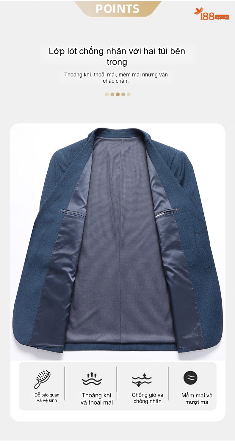 Áo Vest/Blazer Nam Dáng Ôm Vừa Vặn Chống Nhăn Màu Xanh Navy chi tiết 7