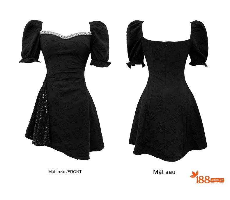 Váy Đầm Nữ Jacquard Thiết Kế Cổ chữ Vuông Tay Bồng Đính Hạt Phong Cách Tiểu Thư Màu Đen chi tiết 5