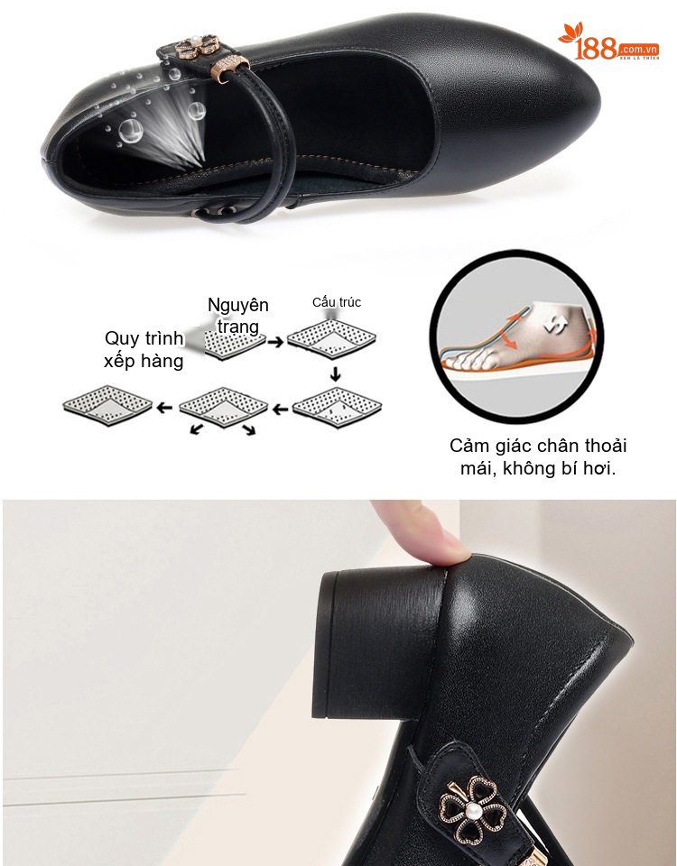 Giày Búp Bê Nữ Da Thật Quai Ngang Chiều Cao Đế Khoảng 4cm Màu Đen, Kem, Đỏ chi tiết 7