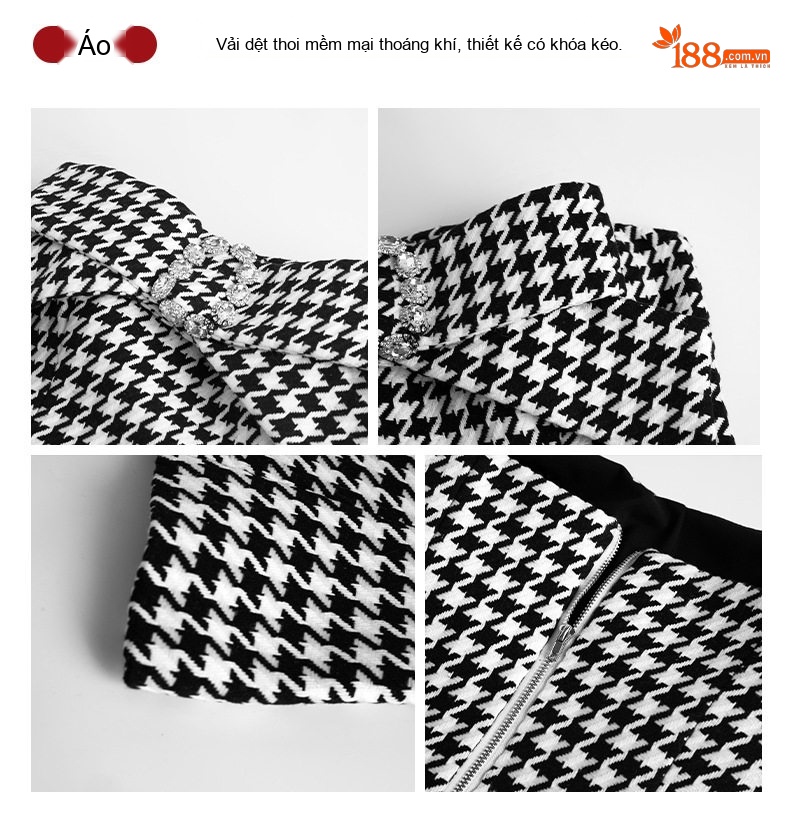 Áo Croptop Nữ Họa Tiết Houndstooth Hở Vai Thiết Kế Nơ Màu Đen Trắng chi tiết 4