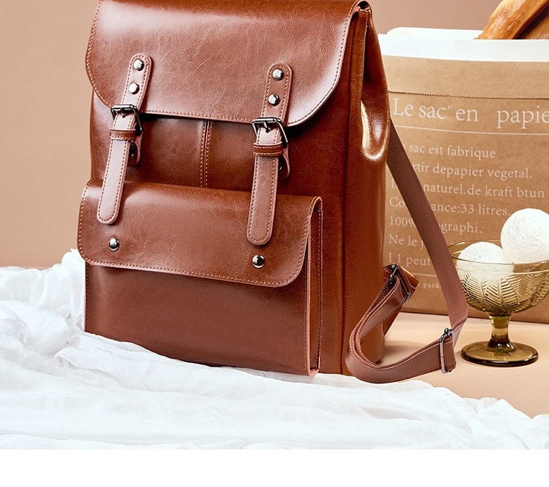 Balo Da Bò Nữ Đựng Laptop 14 Inch Phong Cách Vintage Anh Quốc Màu Nâu chi tiết 2
