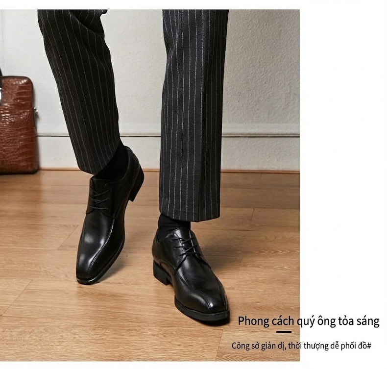 Giày Tây Buộc Dây Nam Da Bóng Mũi Nhọn Chiều Cao Đế Khoảng 3cm Màu Đen, Nâu chi tiết 12