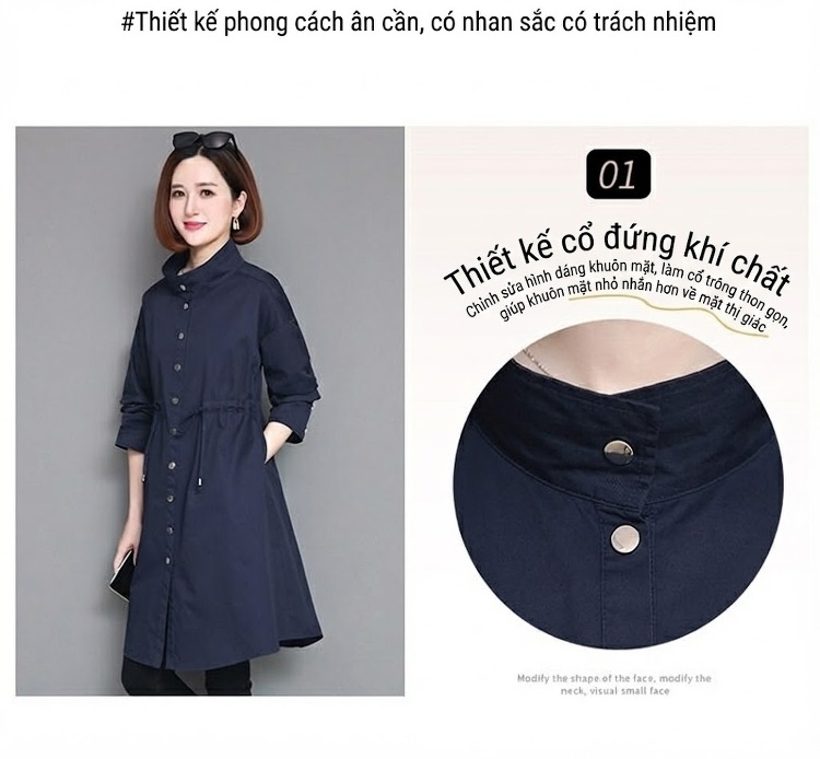 Áo Khoác Gió Nữ Dáng Dài Vừa Mỏng Nhẹ Thu Đông Màu Nâu, Xanh Navy chi tiết 3