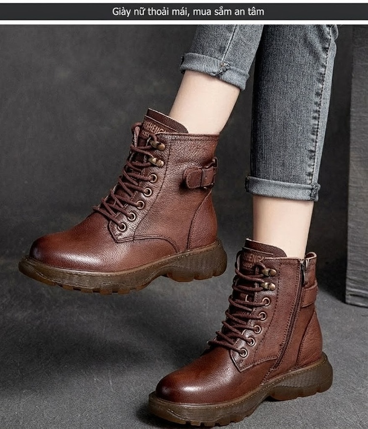 Boot Martin Nữ Da Bò Cổ Thấp Buộc Dây Chiều Cao Đế Khoảng 3.5cm Màu Đen, Nâu chi tiết 8