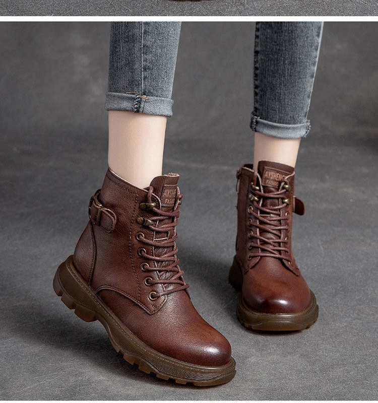 Boot Martin Nữ Da Bò Cổ Thấp Buộc Dây Chiều Cao Đế Khoảng 3.5cm Màu Đen, Nâu chi tiết 9