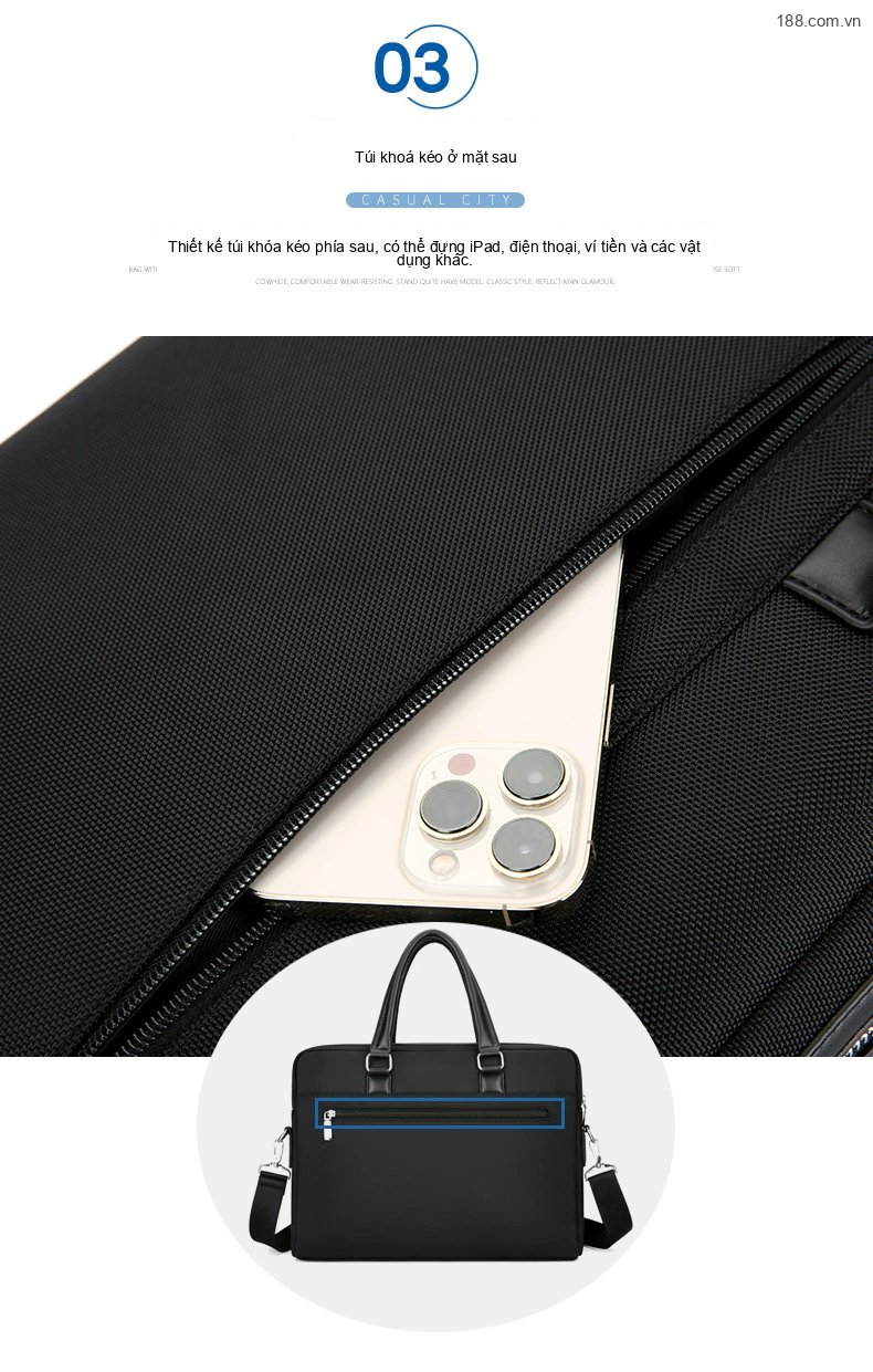 Túi Xách Tay Nam Vải Oxford Công Sở Đựng Laptop Chống Nước Màu Đen chi tiết 8
