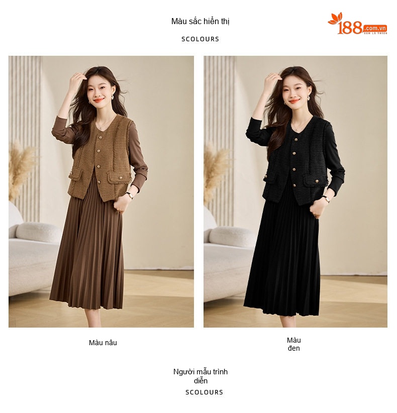 Set Áo Gile và Váy Xòe Dáng Dài Phong Cách Tiểu Thư Màu Nâu, Đen chi tiết 11