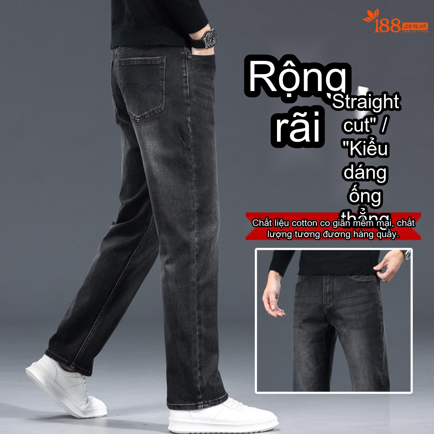 Quần Jean Dài Nam Cotton Co Giãn Thoải Mái Dáng Suông Màu Xanh Dương, Đen, Xám