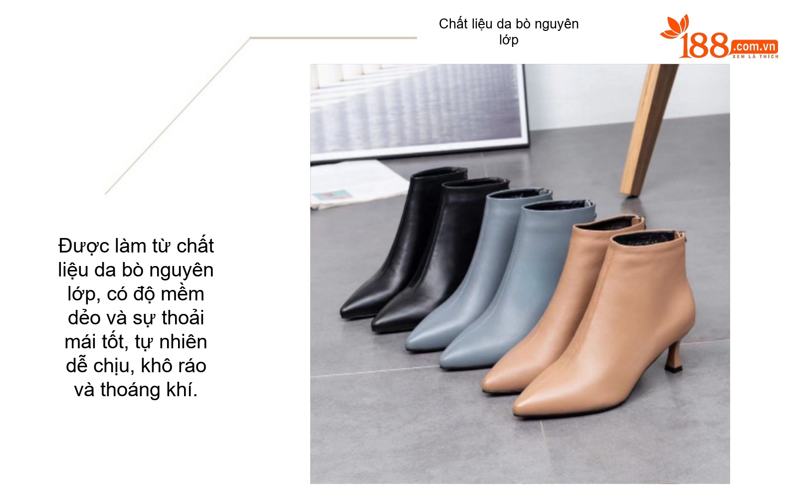 Boot Nữ Da Thật Mũi Nhọn Gót Nhọn Chiều Cao Đế Khoảng 5cm Màu Đen, Nâu, Xám Xanh chi tiết 6