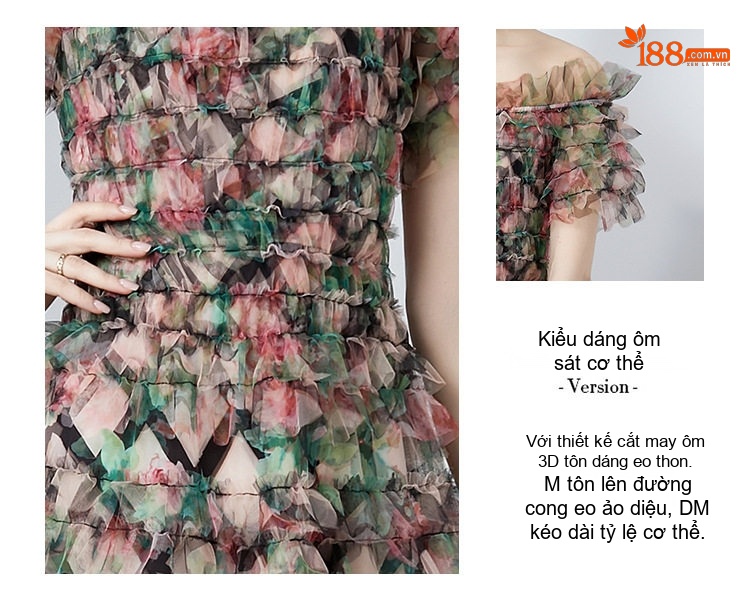 Váy Đầm Xòe Nữ Hở Vai Tay Ngắn Voan Lưới In Họa Tiết Bồng Bềnh chi tiết 3