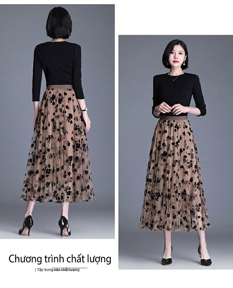 Chân Váy Lưới Nữ dáng chữ A Xòe Lớn Thêu Hoa Nhung Phong Cách Hàn Quốc Màu Nâu, Đen, Xanh chi tiết 8
