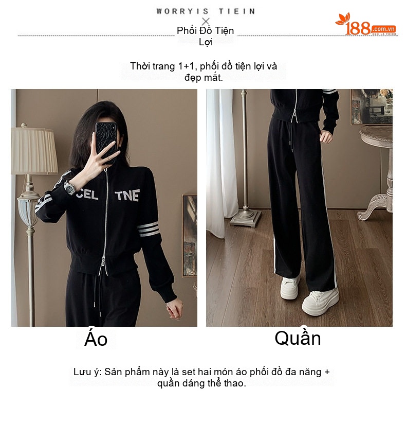 Bộ Áo Khoác Nữ Dáng Ngắn Khóa Kéo Phối Sọc Quần Ống Rộng Lưng Cao Màu Đen chi tiết 11