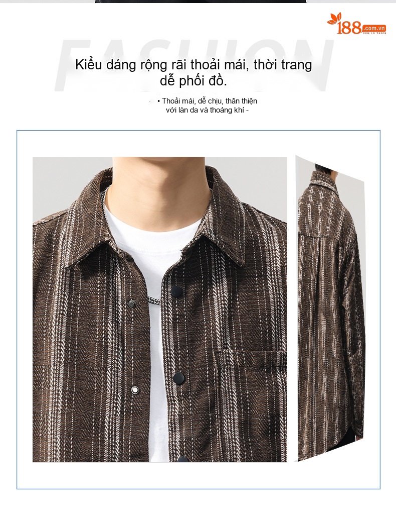Áo Sơ Mi Nam Vải Sợi Chenille Dài Tay Kẻ Sọc Phong Cách Retro Màu Nâu, Đỏ chi tiết 2