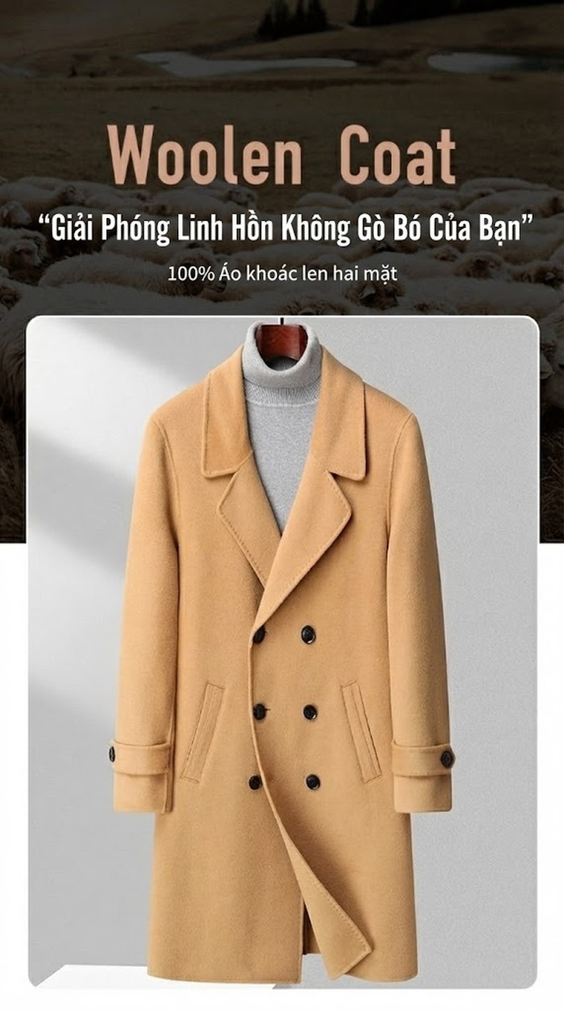Áo Khoác Dạ Nam Dáng Dài 100% Lông Cừu Hai Hàng Khuy Màu Vàng Be, Đen chi tiết 1