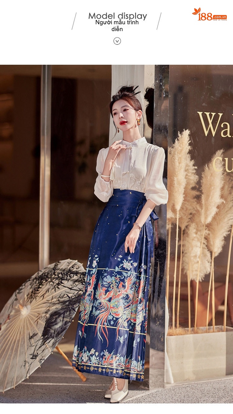 Set Áo Thêu Hoa Cổ Tàu Tay Lỡ và Chân Váy Mã Diện In Họa Tiết Phong Cách Trung Hoa chi tiết 17