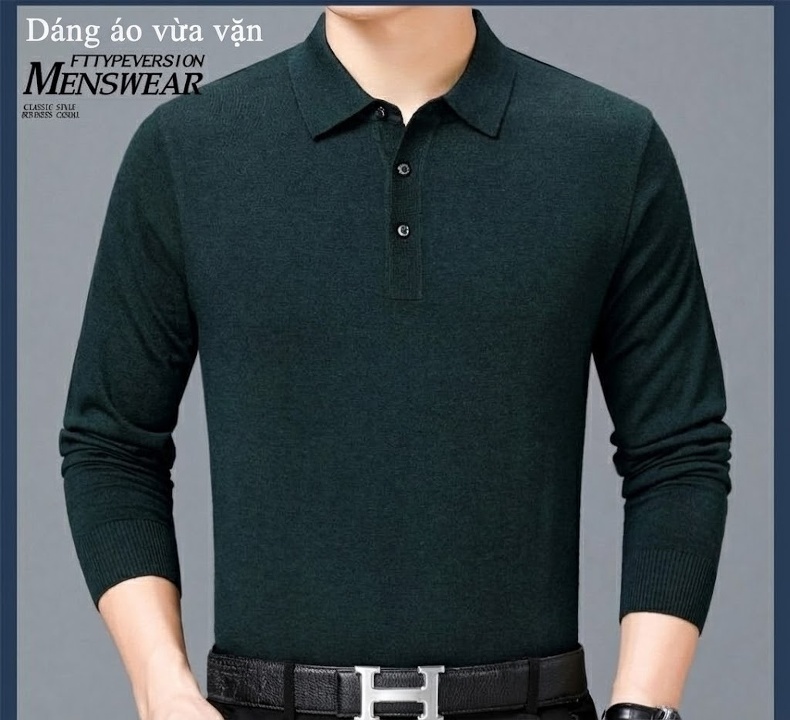 Áo Thun Polo Nam Dài Tay Cashmere Dáng Ôm Vừa Vặn Màu Đen, Đỏ, Xanh Dương, Xám... chi tiết 15