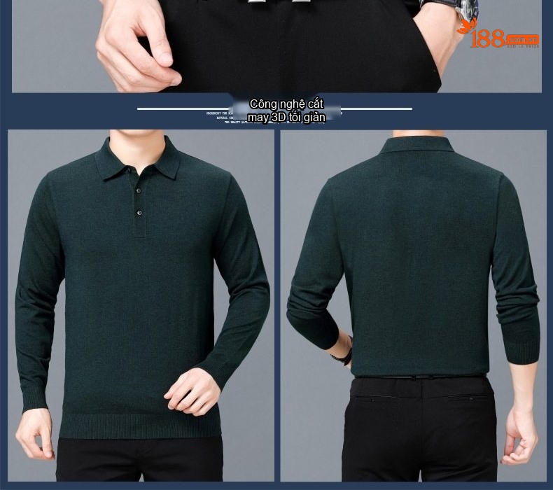 Áo Thun Polo Nam Dài Tay Cashmere Dáng Ôm Vừa Vặn Màu Đen, Đỏ, Xanh Dương, Xám... chi tiết 16