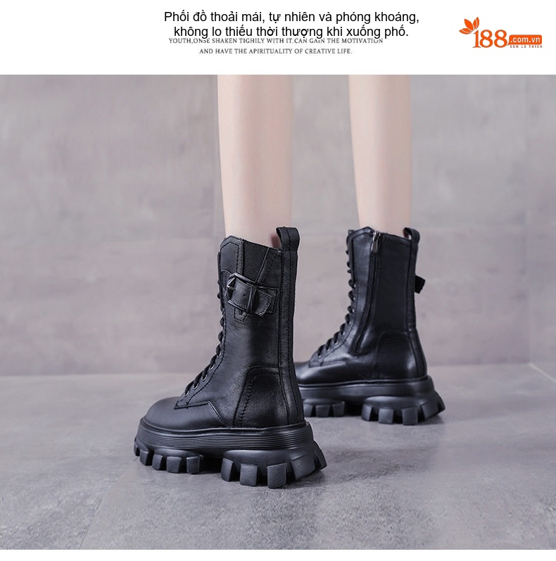 Boot Martin Nữ Da Bò Cổ Lửng Khóa Cài Phong Cách Anh Chiều Cao Đế Khoảng 5cm Màu Nâu, Đen chi tiết 14