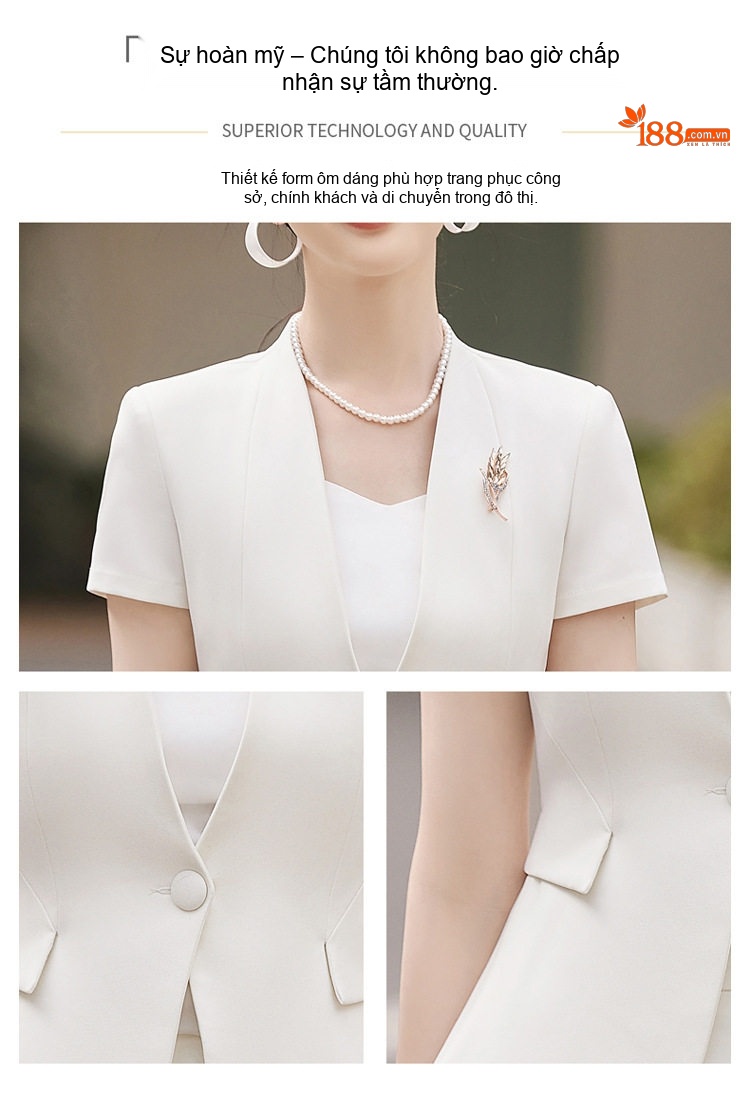 Set Bộ Vest Công Sở Nữ Tay Ngắn Quần/Chân Váy Màu Xanh, Đen, Trắng chi tiết 5