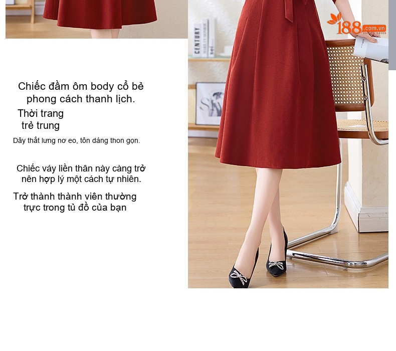 Váy Đầm Nữ dáng chữ A Thắt Eo Tay Dài Phong Cách Hàn Quốc Màu Đỏ chi tiết 3