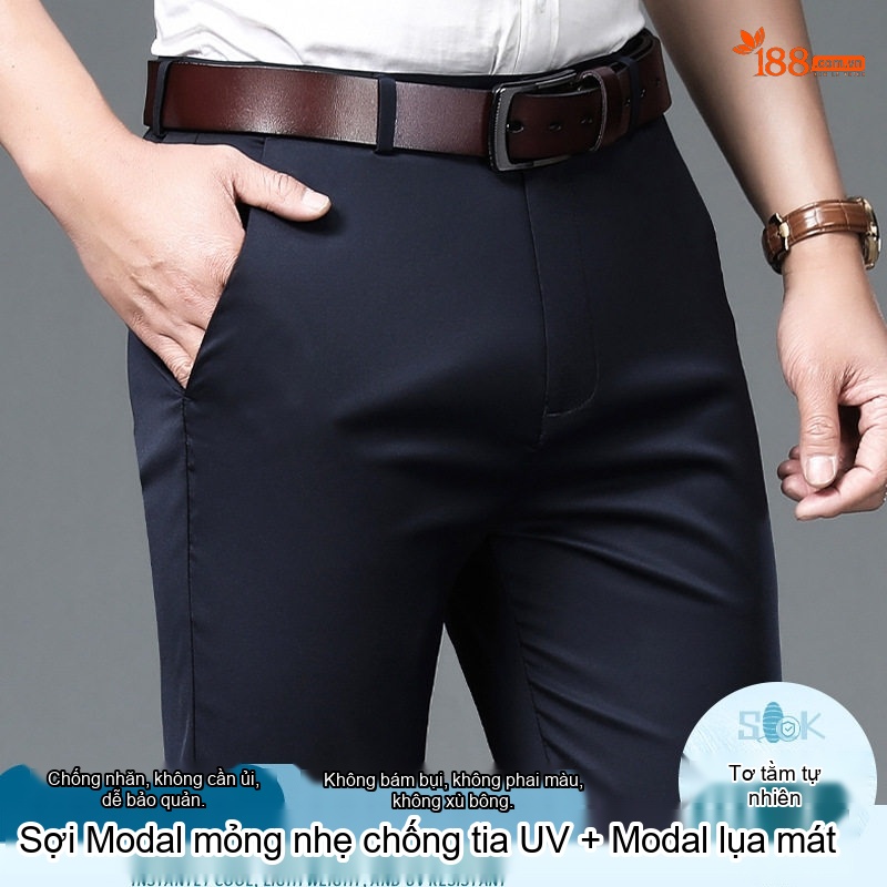 Quần Tây Nam Lụa Tằm Mỏng Mát Dáng Suông Rộng Cạp Cao Màu Đen