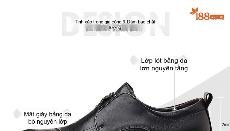 Giày Tây Buộc Dây Nam Da Bò Chiều Cao Đế Khoảng 3cm Màu Đen chi tiết 7