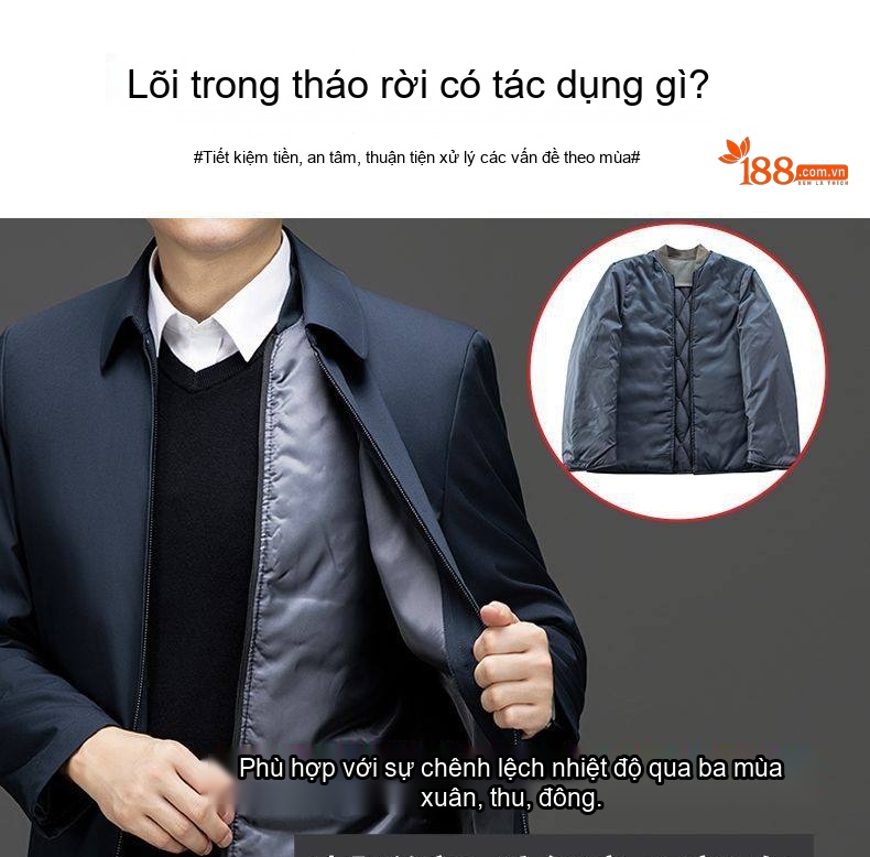 Áo Khoác Bông Nam Trung Niên Thu Đông Lót Tháo Rời Dáng Bomber Màu Xanh Navy, Be chi tiết 5