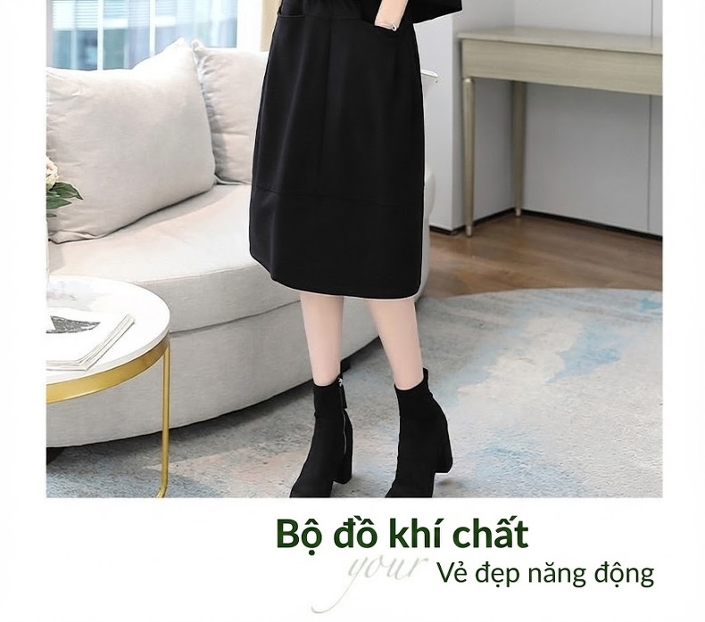 Bộ Đồ Nữ Thu Đông Áo Tay Lỡ Và Chân Váy dáng chữ A Thanh Lịch Màu Đen, Nâu, Xám chi tiết 6