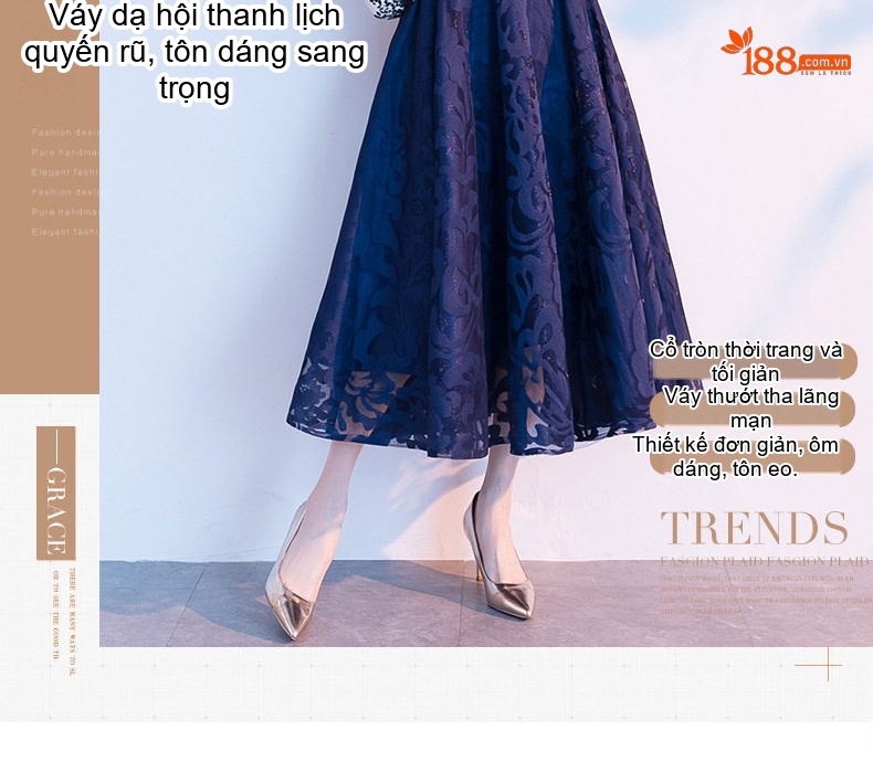 Đầm Dự Tiệc Ren Kiểu Dáng Thanh Lịch Màu Xanh Navy, Đỏ, Đen chi tiết 2