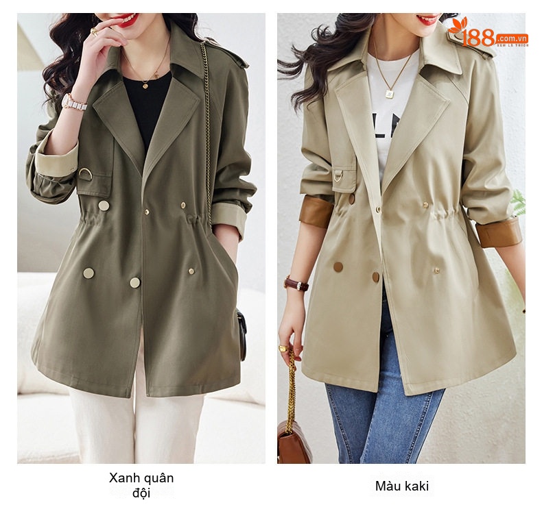 Áo Khoác Gió Nữ Dáng Ngắn Chiết Eo Dây Rút Phong Cách Hàn Quốc Màu Xanh Olive chi tiết 8
