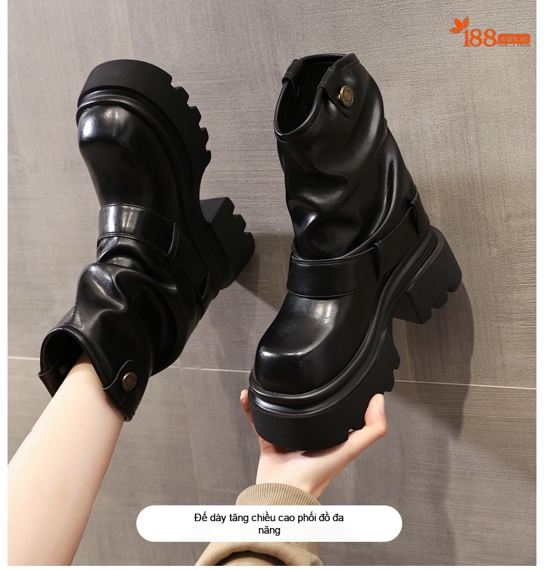 Boot Nữ Da Bóng Đế Cao Khoảng 7.5cm Tăng Chiều Cao Màu Đen, Nâu chi tiết 1