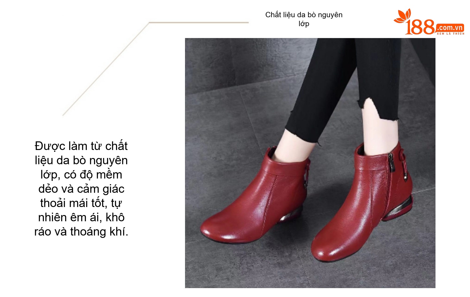 Boot Nữ Da Thật Cổ Ngắn Gót Vuông Chiều Cao Đế Khoảng 3cm Màu Đen, Nâu, Đỏ chi tiết 8