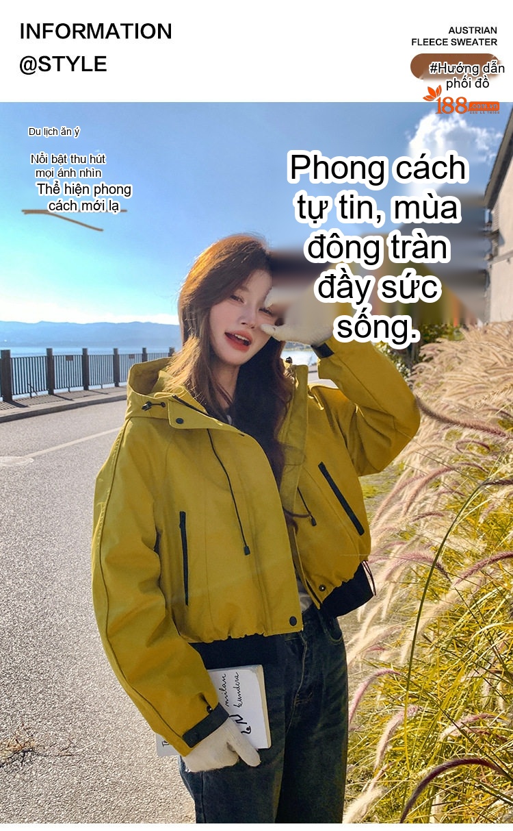 Áo Khoác Phao Nữ Ngắn Dáng Nhỏ Gọn Dáng Rộng Nhồi Bông Lông Vịt Trắng Dày Dặn Màu Vàng chi tiết 4
