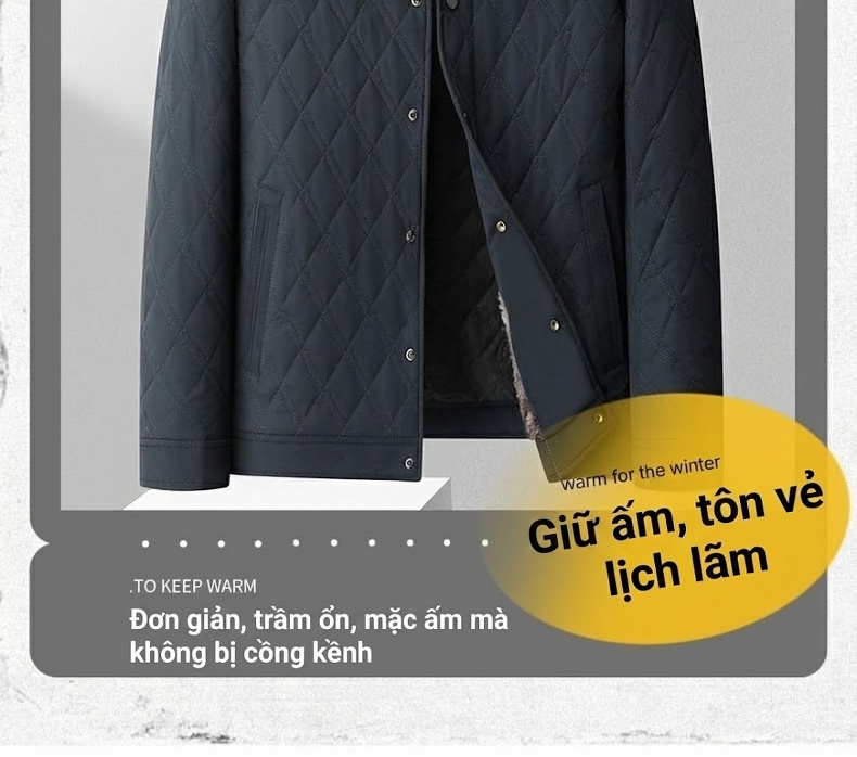 Áo Khoác Bông Nam Cotton Lót Lông Cổ Bẻ Dày Dặn Giữ Ấm Màu Xám, Đen, Xanh Navy chi tiết 4