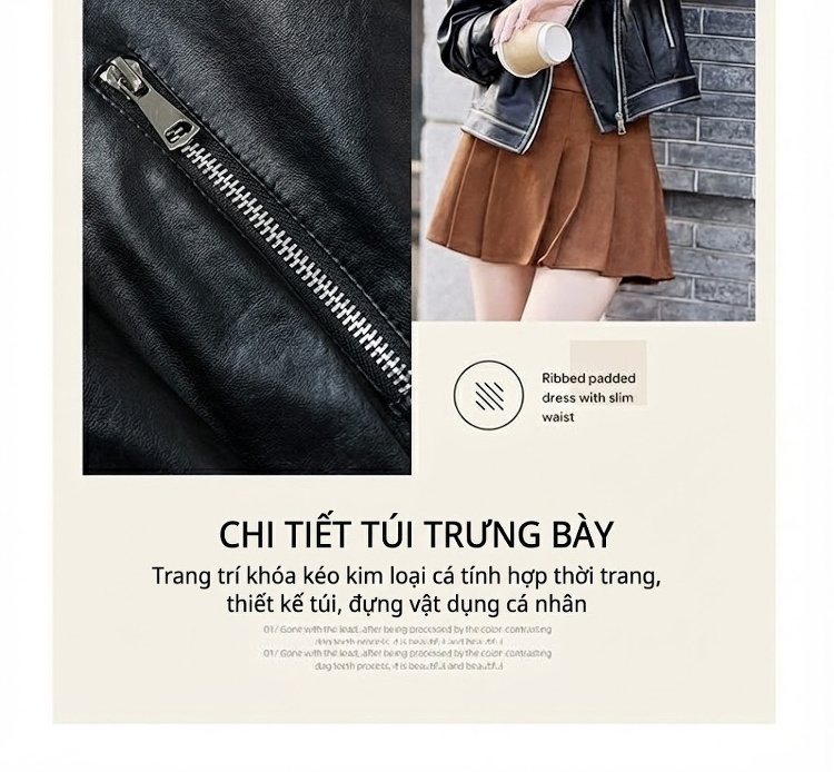 Áo Khoác Da Nữ Dáng Ngắn Phong Cách Moto Thời Trang Màu Đen, Nâu chi tiết 13