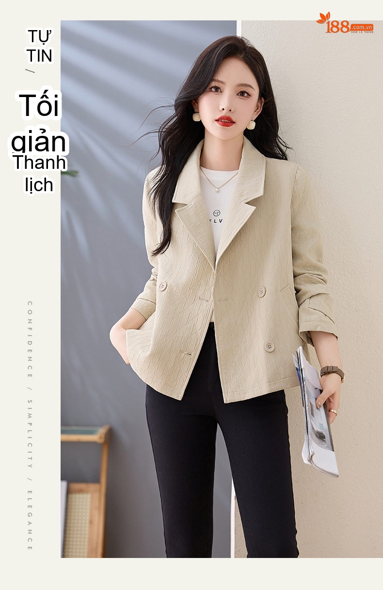 Áo Khoác Blazer Nữ Kiểu Hàn Quốc Dáng Ngắn Vải Gân Tăm Màu Be chi tiết 15