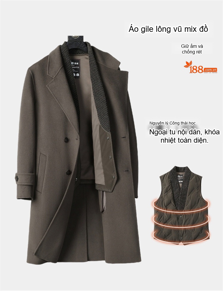 Áo Khoác Dạ Nam Hai Mặt Lông Cừu Dáng Vừa Cổ chữ Vest Hai Hàng Khuy Phong Cách Casual Màu Đen, Nâu chi tiết 5