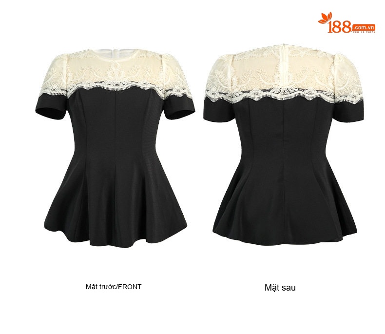 Áo Kiểu Nữ Tay Ngắn Cổ Tròn Phối Ren Eo Ôm Dáng Peplum Màu Đen, Trắng chi tiết 5