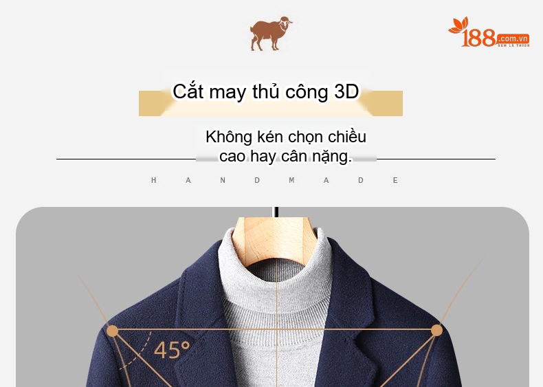 Áo Khoác Dạ Nam 100% Lông Cừu Hai Mặt Dáng Suông Màu Đen, Xám, Xanh Navy chi tiết 9