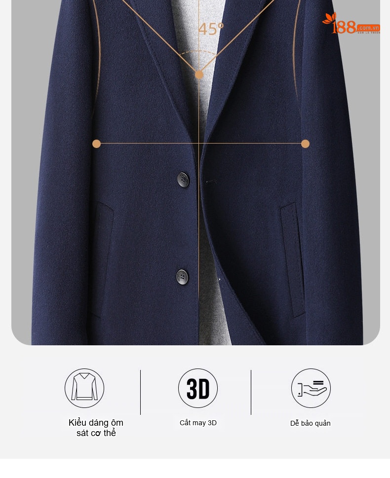Áo Khoác Dạ Nam 100% Lông Cừu Hai Mặt Dáng Suông Màu Đen, Xám, Xanh Navy chi tiết 10