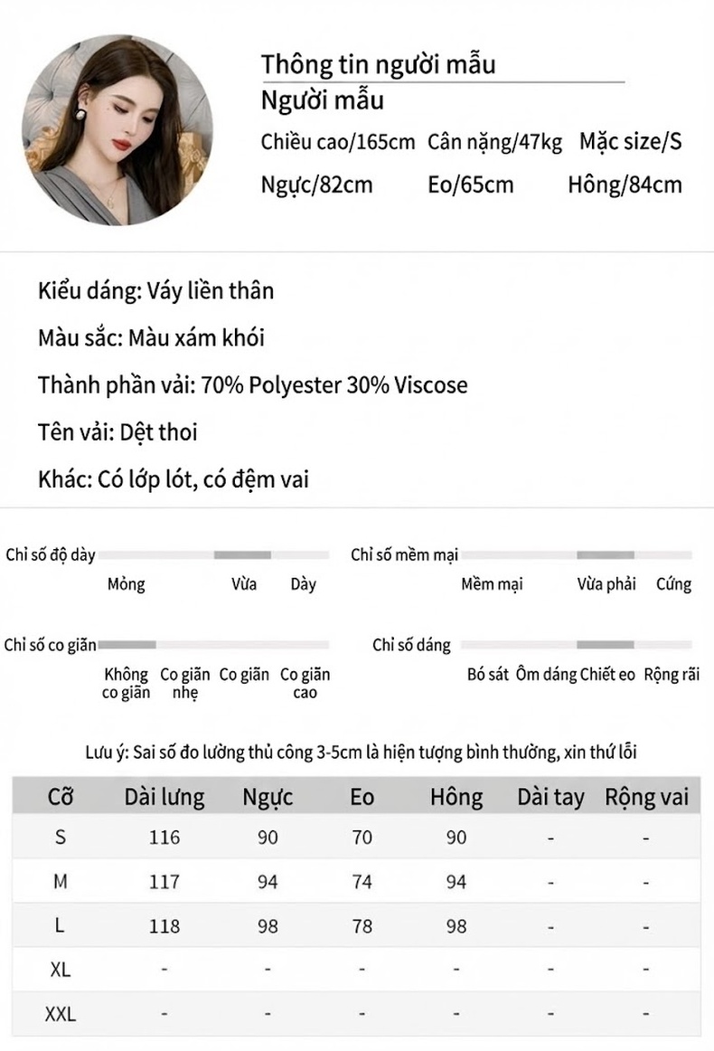Váy liền thân Nữ Không Tay Ôm Dáng Cổ Chữ V Công Sở Dáng Dài Màu Xám chi tiết 2