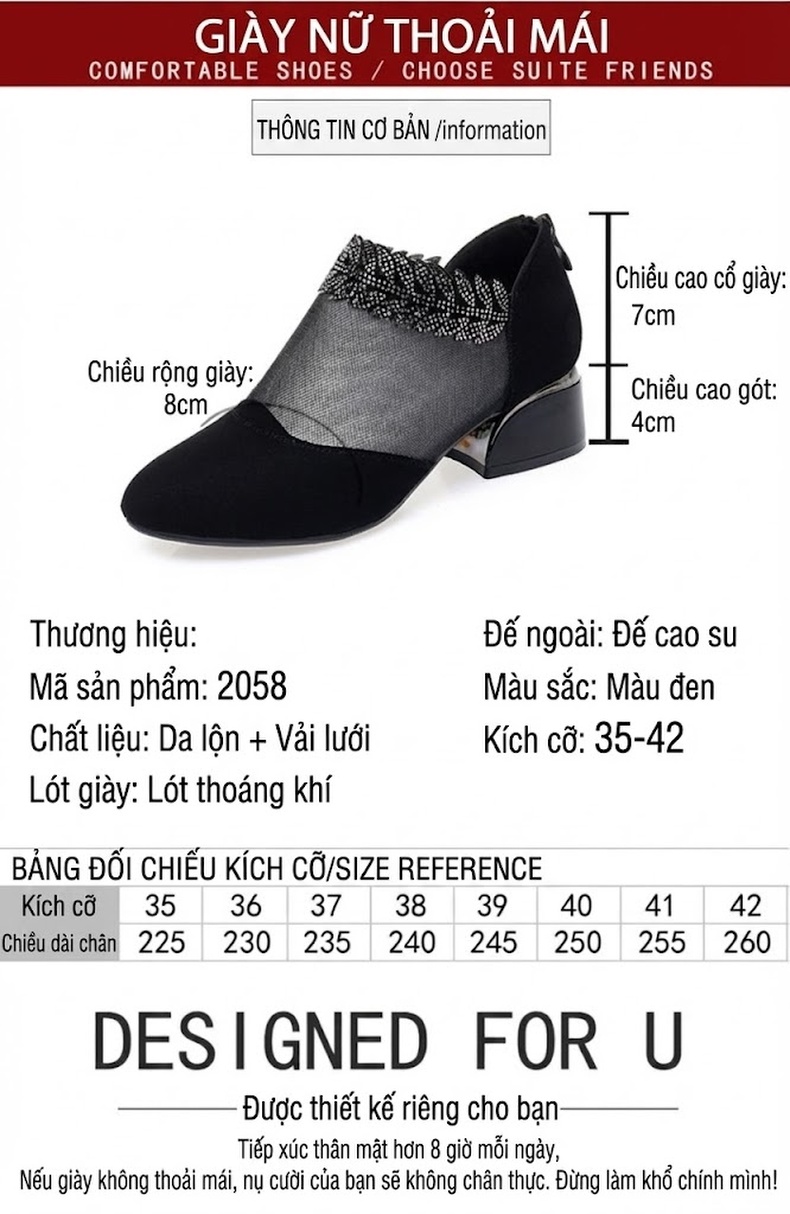 Giày Cao Gót Nữ Da Mờ Lưới Mỏng Chiều Cao Đế Khoảng 3cm Màu Đen chi tiết 3
