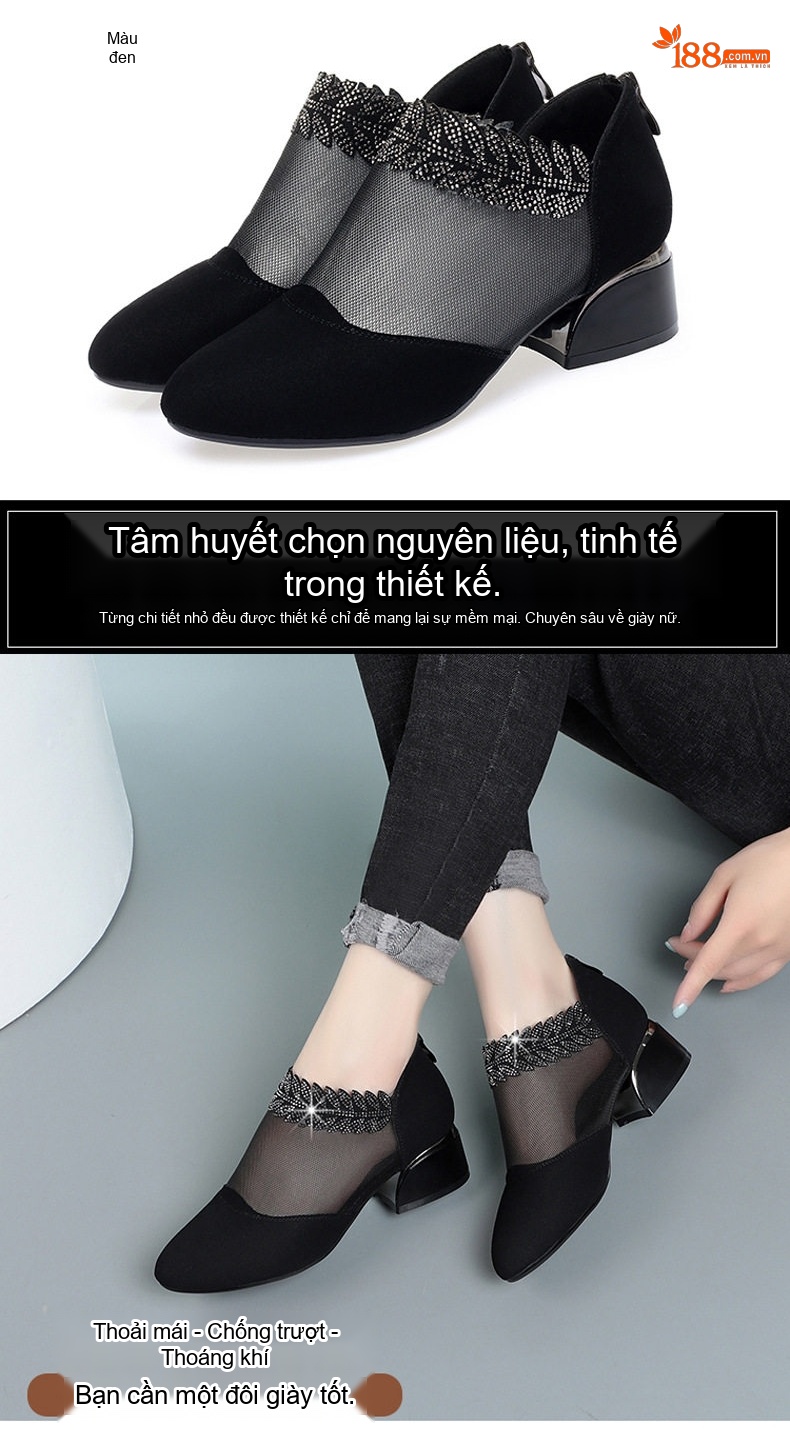 Giày Cao Gót Nữ Da Mờ Lưới Mỏng Chiều Cao Đế Khoảng 3cm Màu Đen chi tiết 4