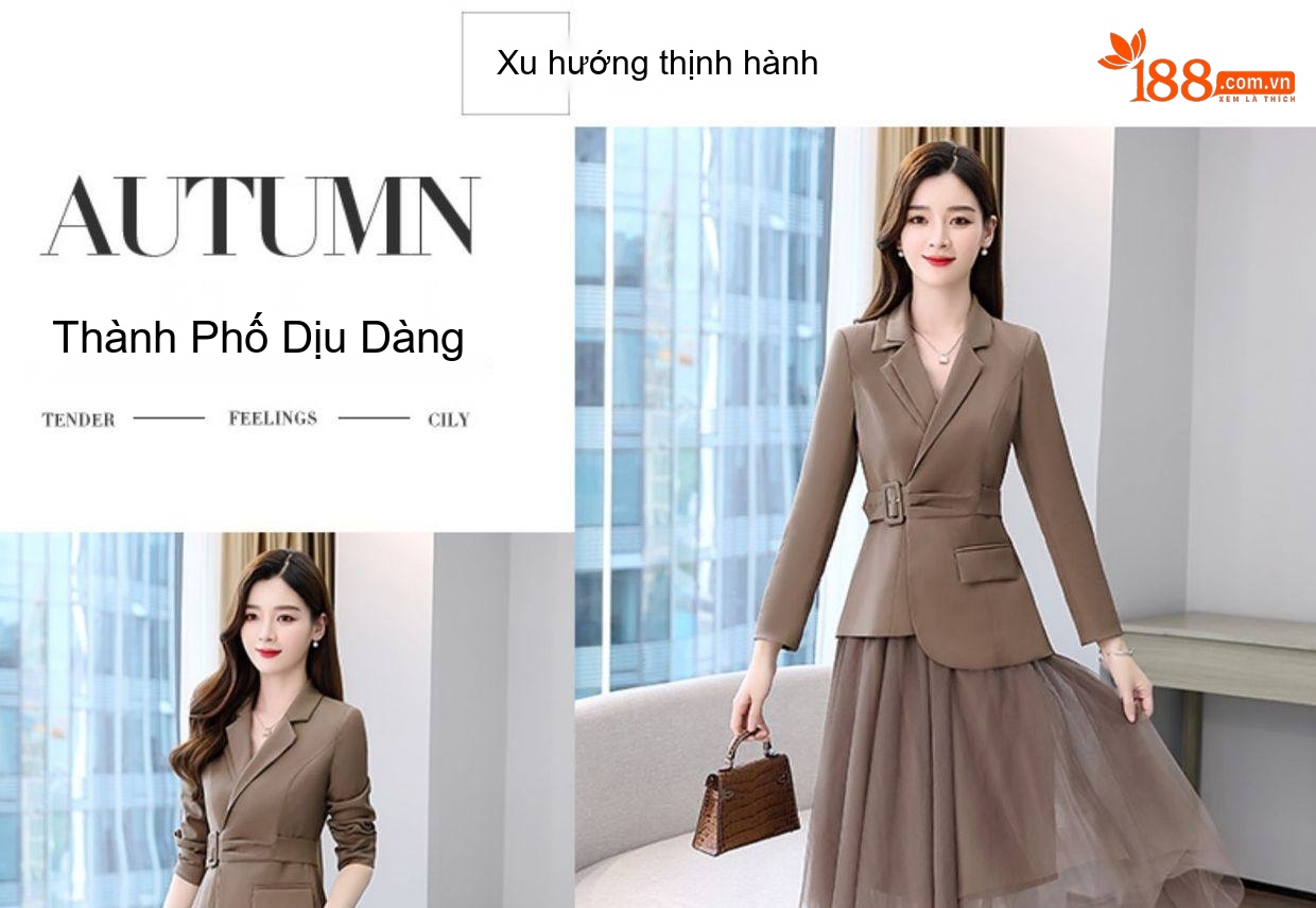 Set Áo Vest Blazer Tay Lỡ Và Chân Váy Voan Xòe Dáng Dài Thanh Lịch Màu Đỏ Tía, Xanh Navy, Nâu, Đen... chi tiết 2