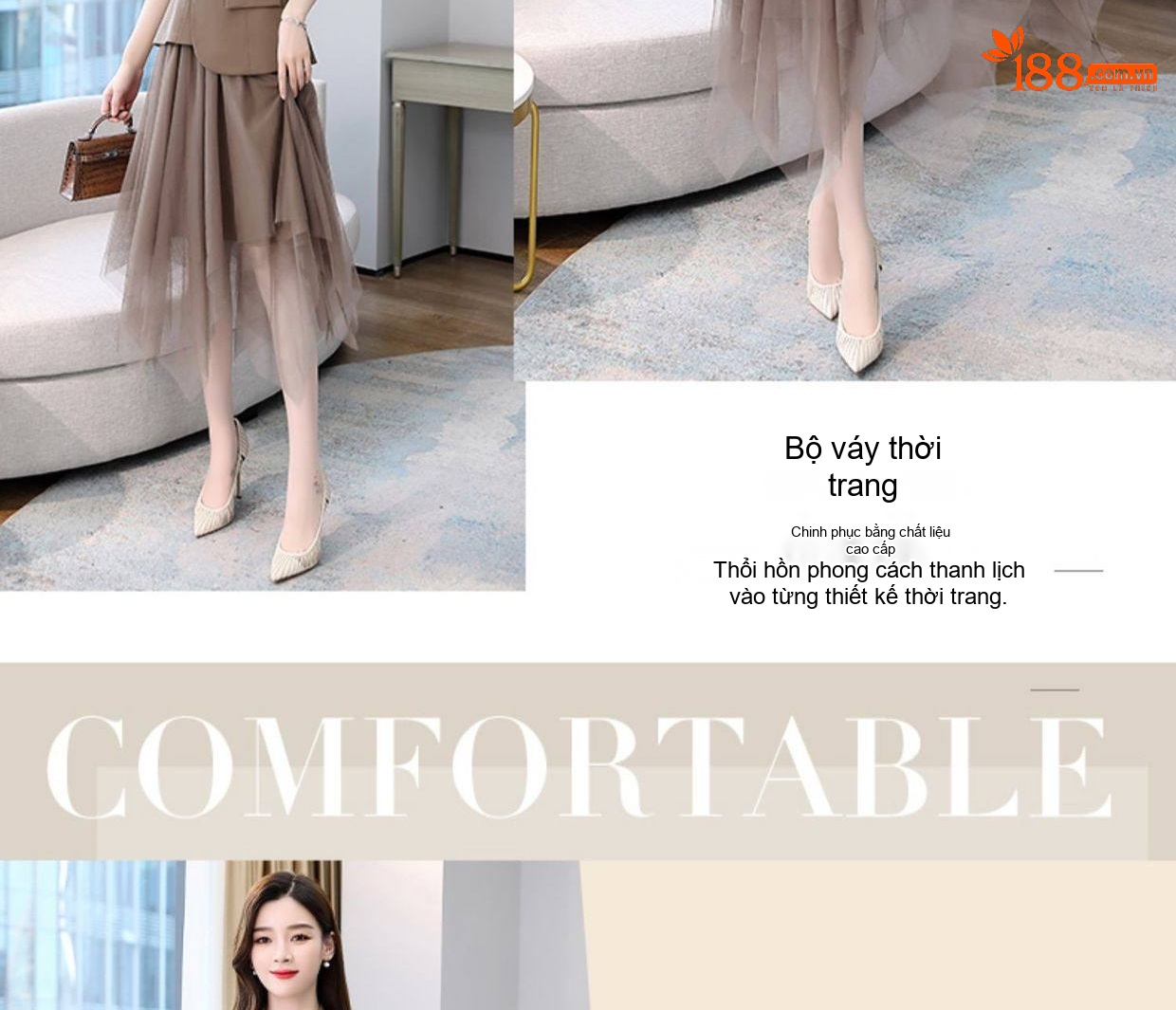 Set Áo Vest Blazer Tay Lỡ Và Chân Váy Voan Xòe Dáng Dài Thanh Lịch Màu Đỏ Tía, Xanh Navy, Nâu, Đen... chi tiết 3