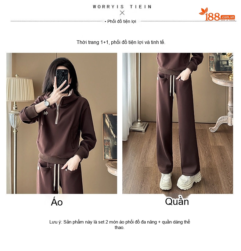 Bộ Đồ Thu Đông Nữ Áo Hoodie Quần Ống Rộng Phong Cách Hàn Quốc Màu Nâu, Be chi tiết 5