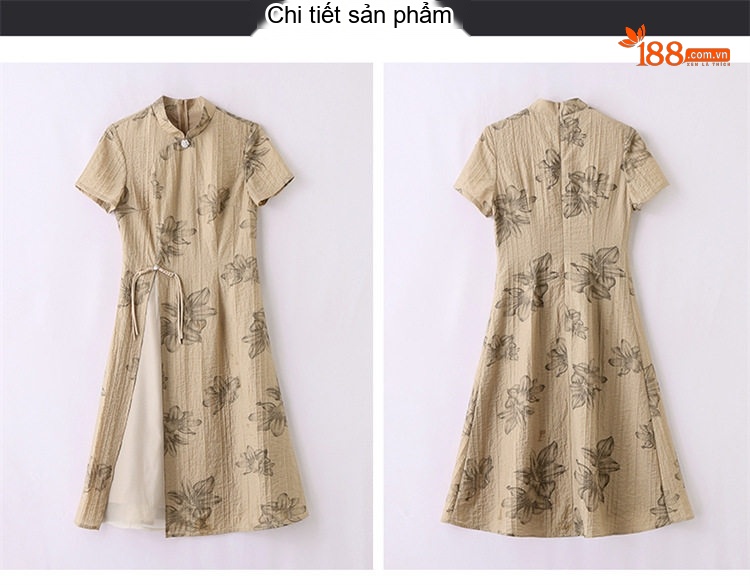 Váy A Dáng Xòe Nữ Cổ Tàu Họa Tiết Hoa Nhí Chiết Eo Phong Cách Tân Cổ Điển Màu Kem chi tiết 24
